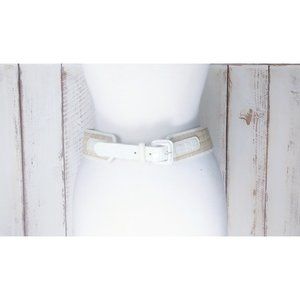 90s vintage white/tan wide straw patent leather belt/reptile embossed